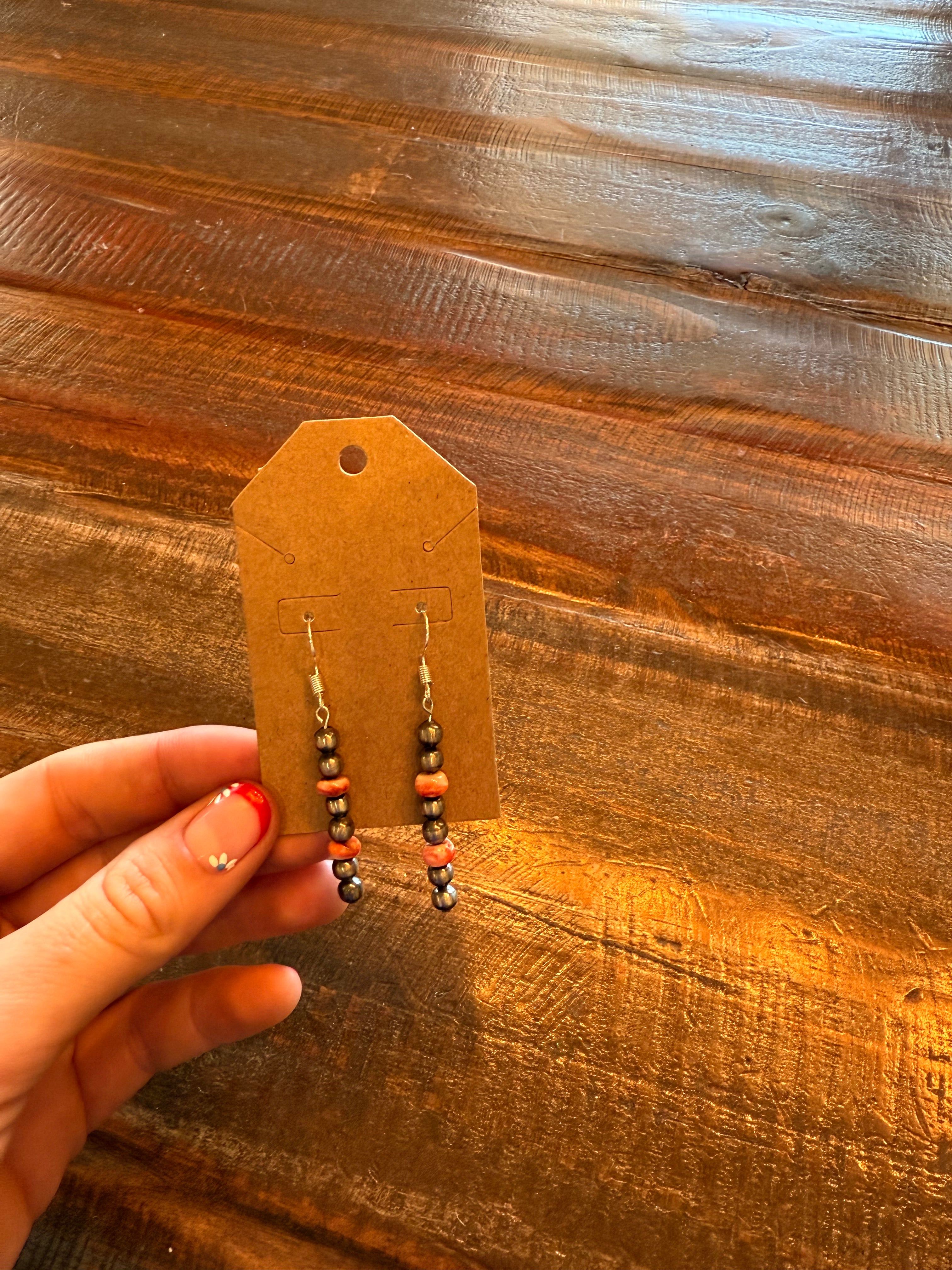 Navajo pearl and orange spiny oyster drop earrings
