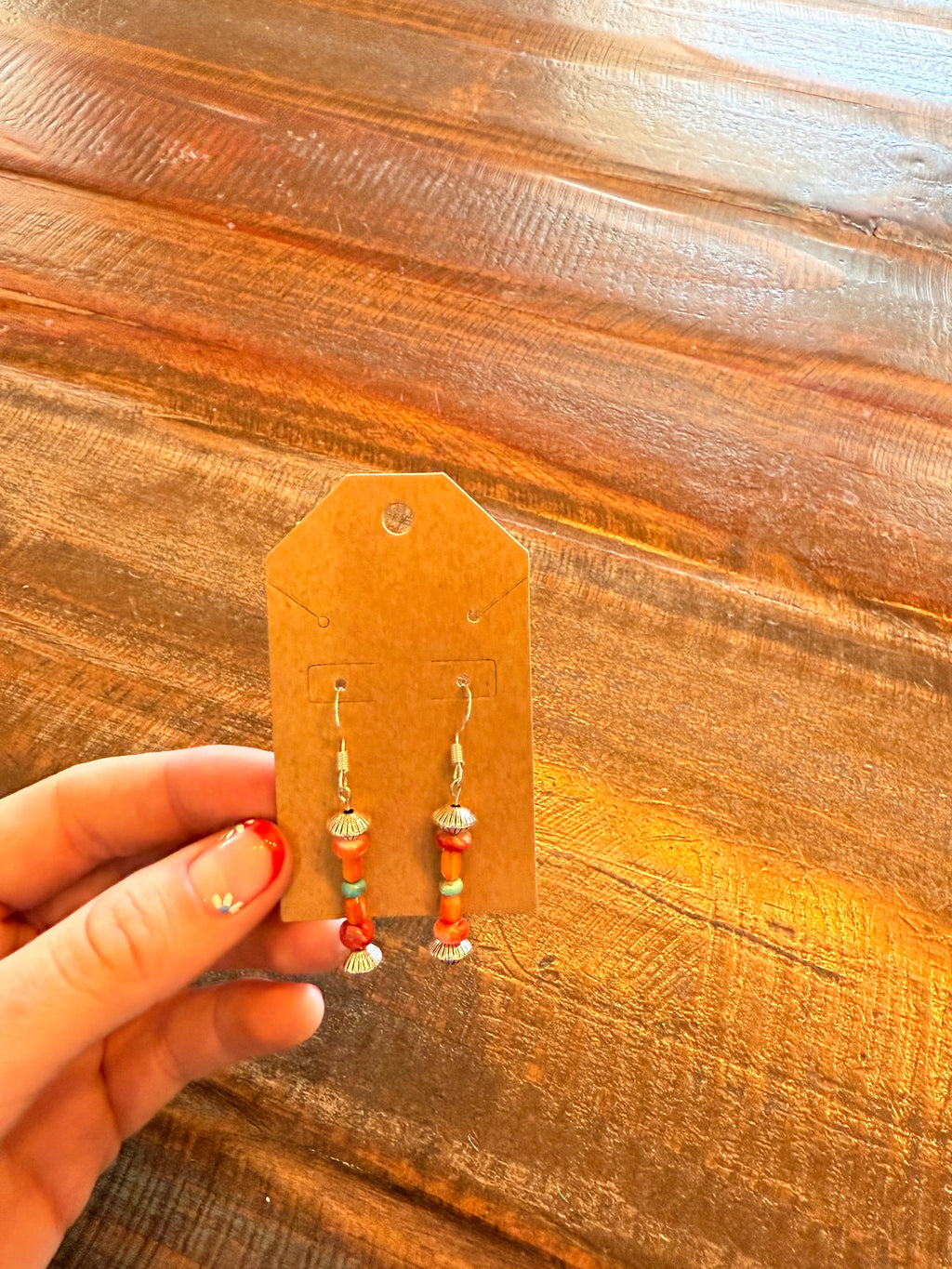 Turquoise, red spiny, and orange spiny drop earrings