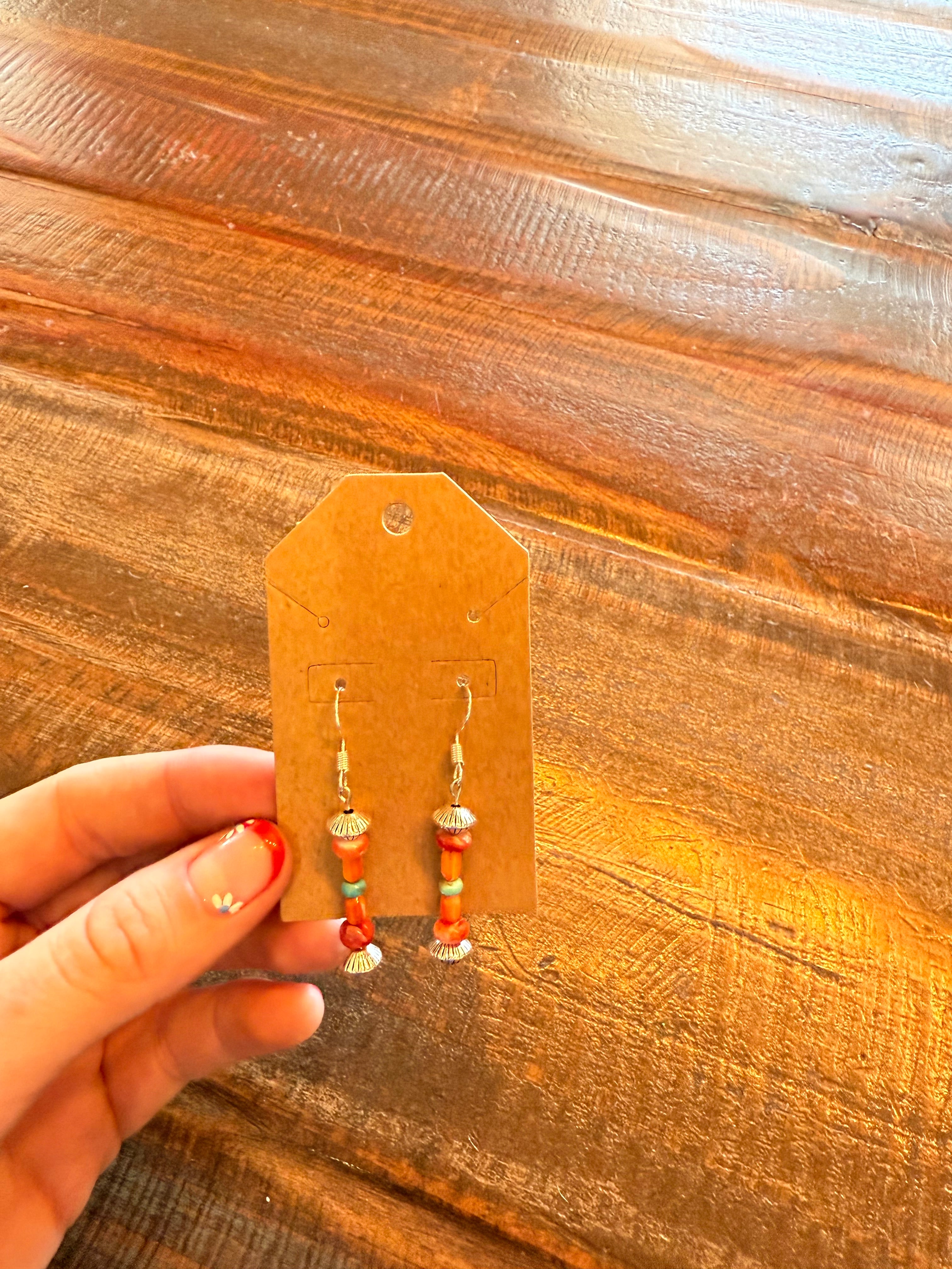Turquoise, red spiny, and orange spiny drop earrings