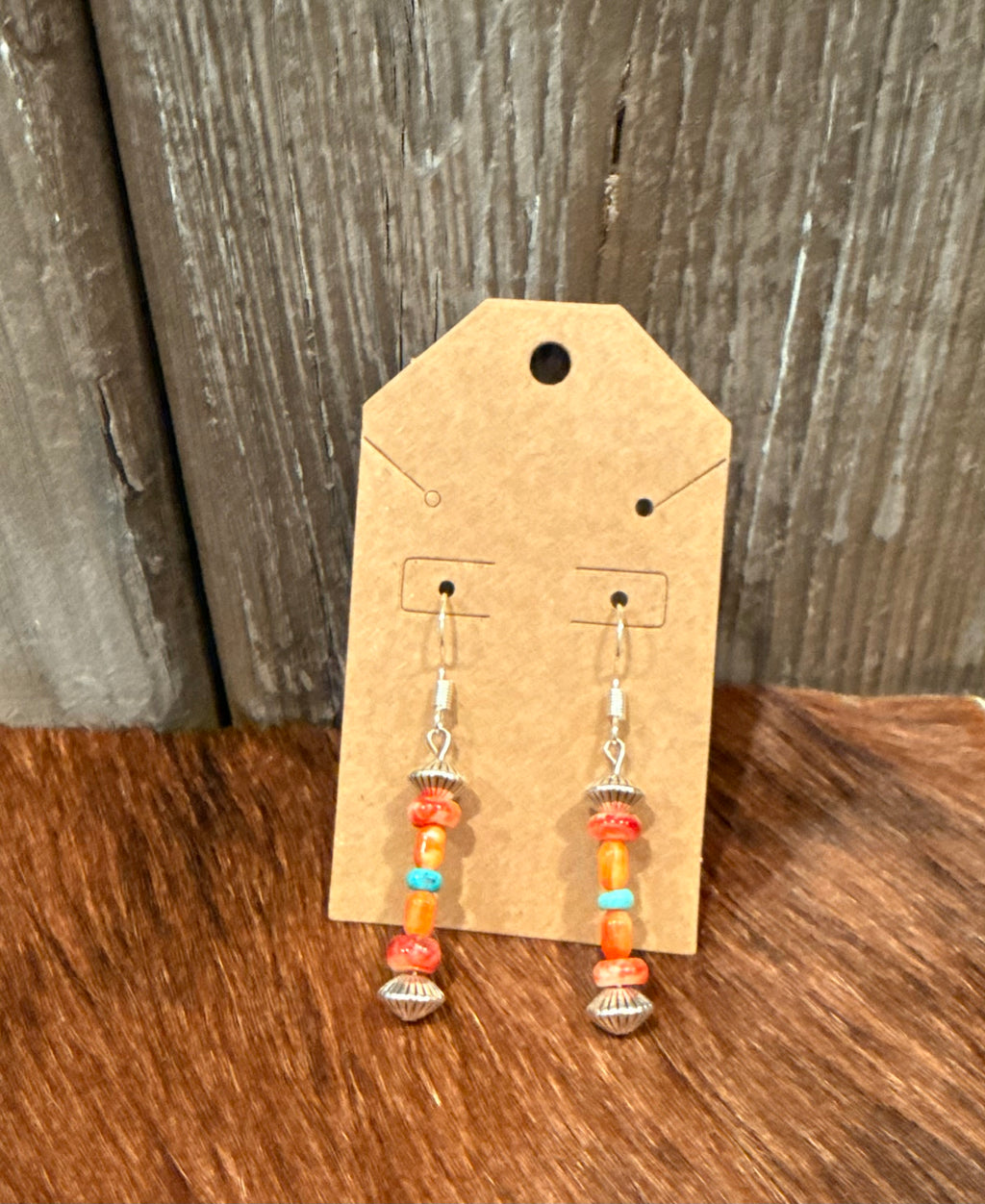 Turquoise, red spiny, and orange spiny drop earrings